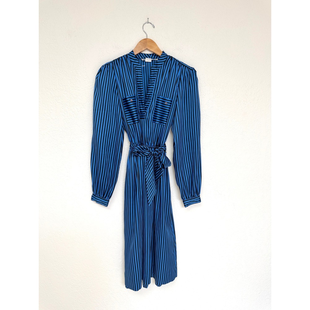 Vintage Blue Black Striped Long Sleeve Midi Dress Elastic Waist Belted Size M